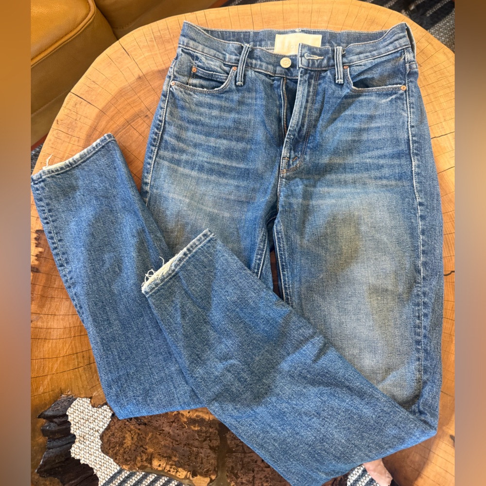 MOTHER The Dazzler in Cowboys Don’t Cry Wash High-Rise Straight Leg Jeans